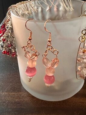 Handcrafted Pink Bead Drop Earrings with Rose Gold -Tone Hooks